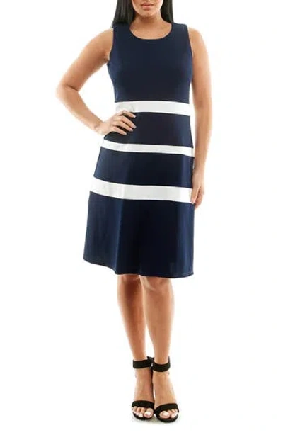 Nina Leonard Colorblock A-line Dress In Navy/ivory