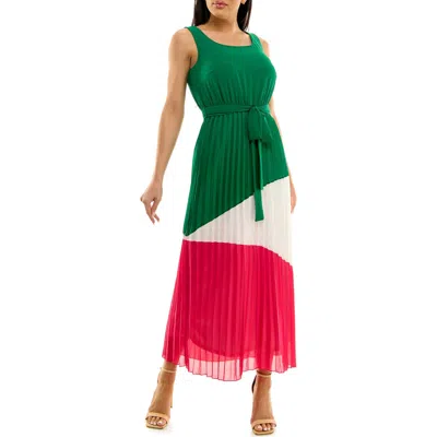 Nina Leonard Colorblock Pleated Chiffon Maxi Dress In Green/ivory/pink