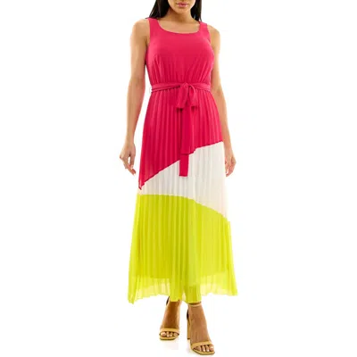 Nina Leonard Colorblock Pleated Chiffon Maxi Dress In Pink/ivory/chartreuse
