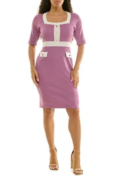 Nina Leonard Colorblock Square Neck Sweater Dress In Purple