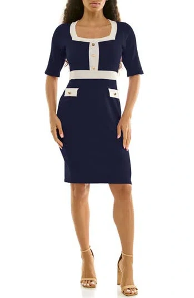 Nina Leonard Colorblock Square Neck Sweater Dress In Blue