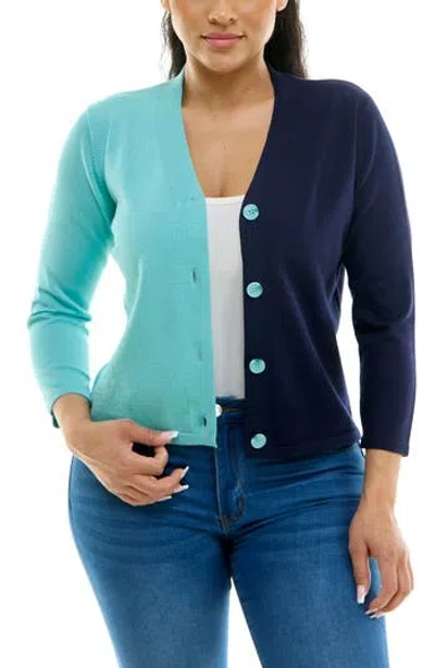 Nina Leonard Colorblock V-neck Cardigan In Mint/navy