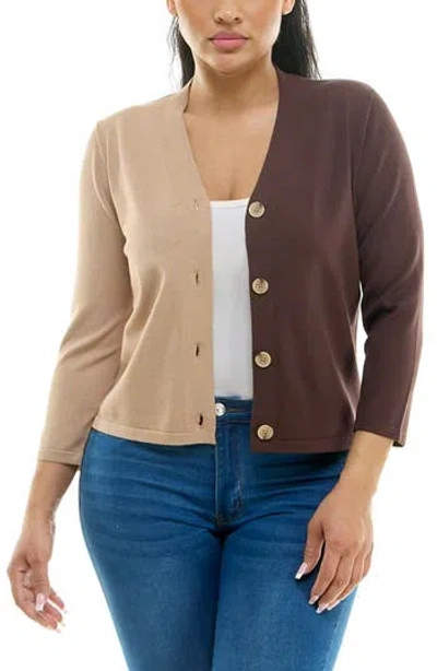 Nina Leonard Colorblock V-neck Cardigan In Tan/coffee Bean