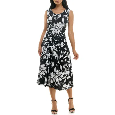 Nina Leonard Crewneck Sleeveless Midi Dress In Black/ivory Combo