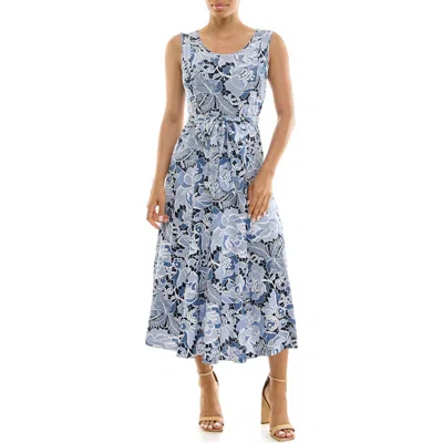 Nina Leonard Crewneck Sleeveless Midi Dress In Blue