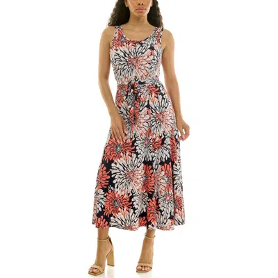 Nina Leonard Crewneck Sleeveless Midi Dress In Navy/ Coral Multi