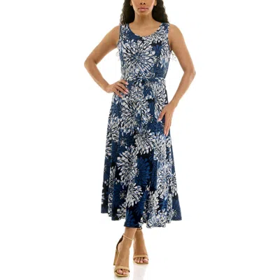 Nina Leonard Crewneck Sleeveless Midi Dress In Navy/blue Multi
