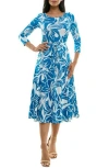 Nina Leonard Crewneck Three-quarter Sleeve Midi Dress In Jaybird/white