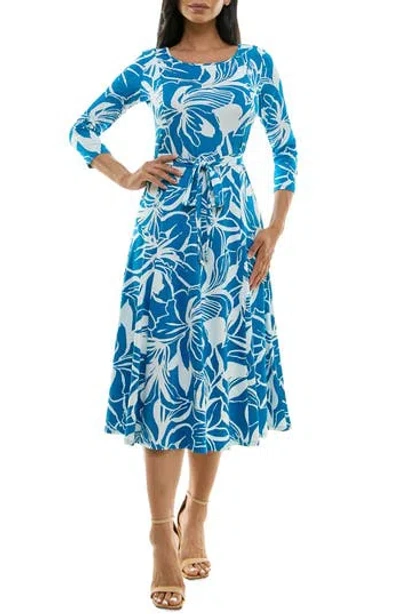 Nina Leonard Crewneck Three-quarter Sleeve Midi Dress In Jaybird/white
