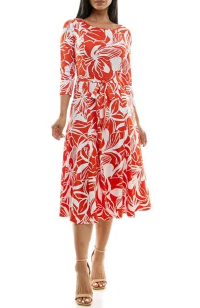 Nina Leonard Crewneck Three-quarter Sleeve Midi Dress In Orange/white