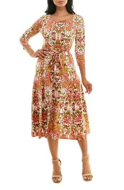 Nina Leonard Crewneck Three-quarter Sleeve Midi Dress In Brown