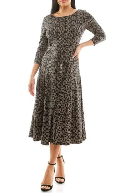 Nina Leonard Crewneck Three-quarter Sleeve Midi Dress In Black/mink