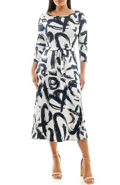 Nina Leonard Crewneck Three-quarter Sleeve Midi Dress In Multi