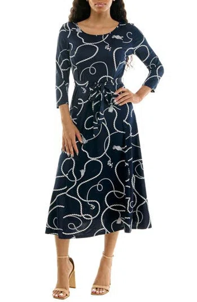 Nina Leonard Crewneck Three-quarter Sleeve Midi Dress In Navy White