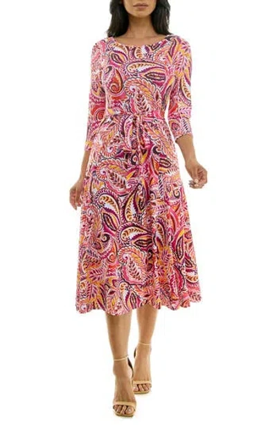Nina Leonard Crewneck Three-quarter Sleeve Midi Dress In Pink