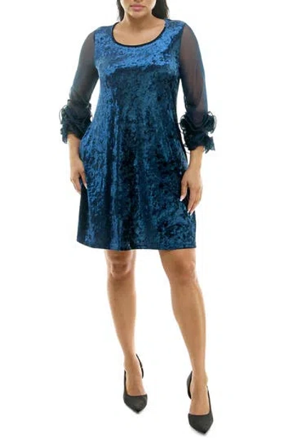 Nina Leonard Crushed Velvet Trapeze Dress In Blue