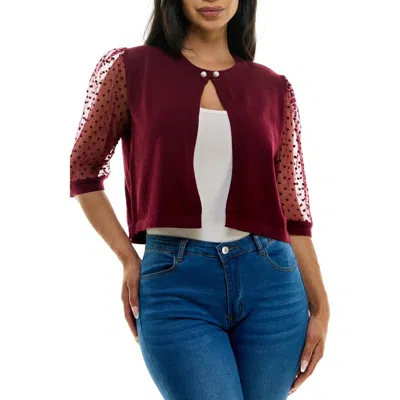 Nina Leonard Dot Mesh Elbow Sleeve Bolero In Burgundy
