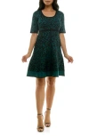 Nina Leonard Elbow Sleeve Fit & Flare Sweater Dress In Black/emerald
