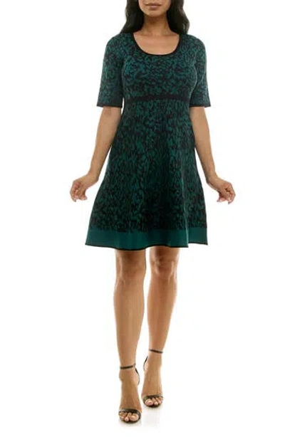 Nina Leonard Elbow Sleeve Fit & Flare Sweater Dress In Black/emerald