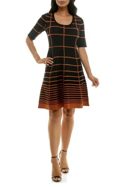 Nina Leonard Elbow Sleeve Fit & Flare Sweater Dress In Black/sienna