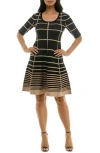 Nina Leonard Elbow Sleeve Fit & Flare Sweater Dress In Black/tan