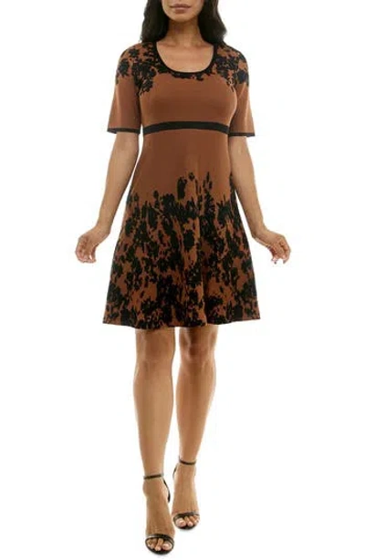Nina Leonard Elbow Sleeve Fit & Flare Sweater Dress In Cognac/black