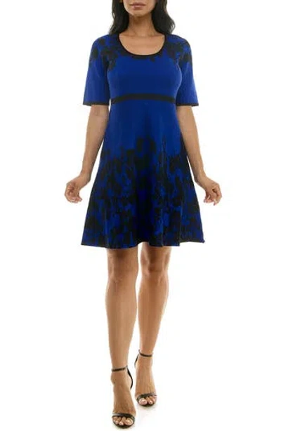 Nina Leonard Elbow Sleeve Fit & Flare Sweater Dress In Deep Sapphire/black