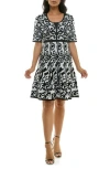 Nina Leonard Elbow Sleeve Fit & Flare Sweater Dress In Ivory/black