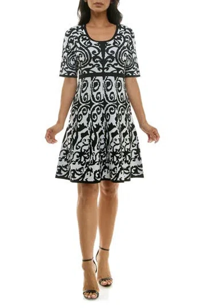 Nina Leonard Elbow Sleeve Fit & Flare Sweater Dress In Ivory/black