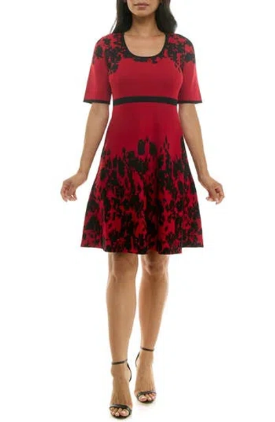 Nina Leonard Elbow Sleeve Fit & Flare Sweater Dress In Red/black