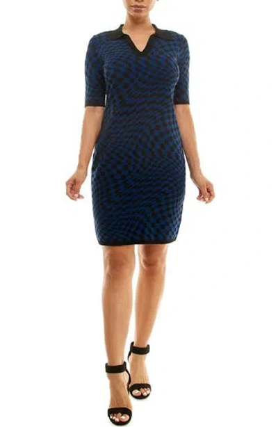 Nina Leonard Elbow Sleeve Jacquard Knit Dress In Blue