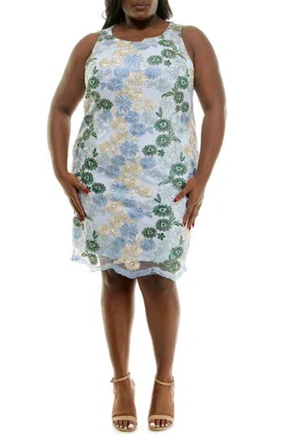 Nina Leonard Embroidered Lace Sheath Dress In Light Blue Multi