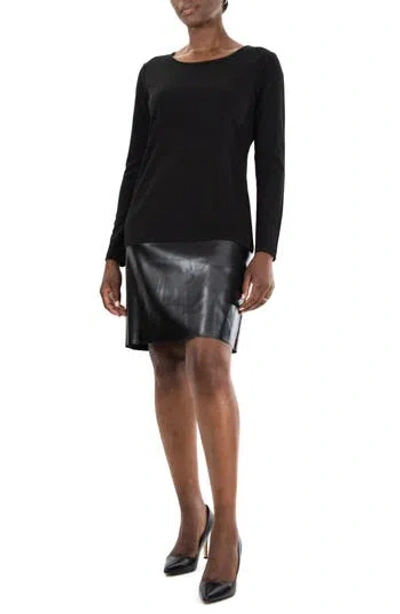 Nina Leonard Faux Leather Border Dress In Black