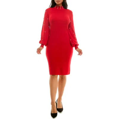 Nina Leonard Faux Pearl Bead Balloon Sleeve Sweater Dress In Red