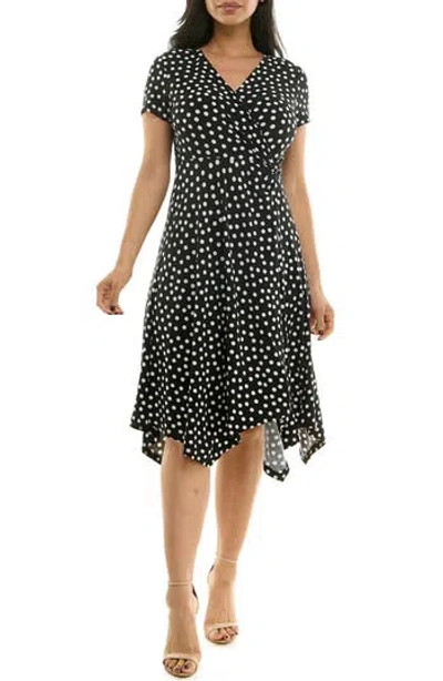 Nina Leonard Faux Wrap Handkerchief Dress In Black
