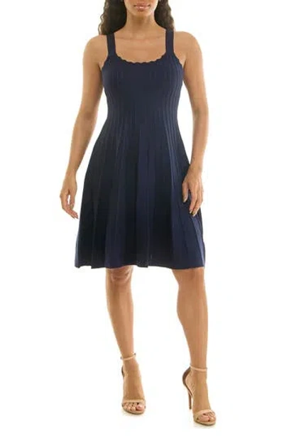 Nina Leonard Fit & Flare Rib Knit Dress In Blue