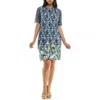 Nina Leonard Floral Border Elbow Sleeve Lace Sheath Dress In Navy Multi