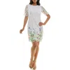 Nina Leonard Floral Border Elbow Sleeve Lace Sheath Dress In White Multi