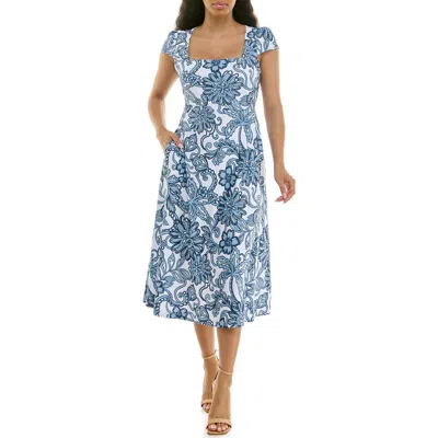Nina Leonard Floral Cap Sleeve Fit & Flare Dress In Blue