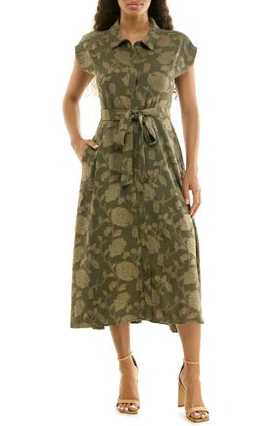 Nina Leonard Floral Cap Sleeve Shirtdress In Green