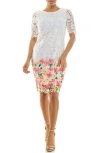 Nina Leonard Floral Elbow Sleeve Lace Sheath Dress In White/coral/yellow Multi