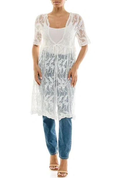 Nina Leonard Floral Embroidered Mesh Duster In White