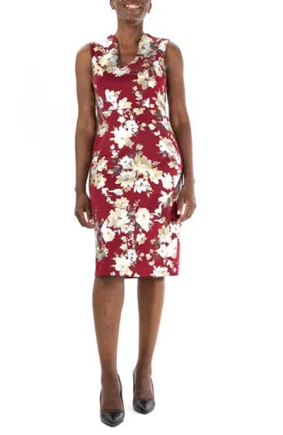 Nina Leonard Floral Foil Midi Dress In Berry/gold/silver