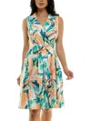 Nina Leonard Floral Print Tie Waist Collared Dress In Aqua Multi In Multi