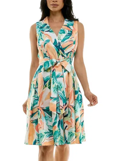 Nina Leonard Floral Print Tie Waist Collared Dress In Aqua Multi