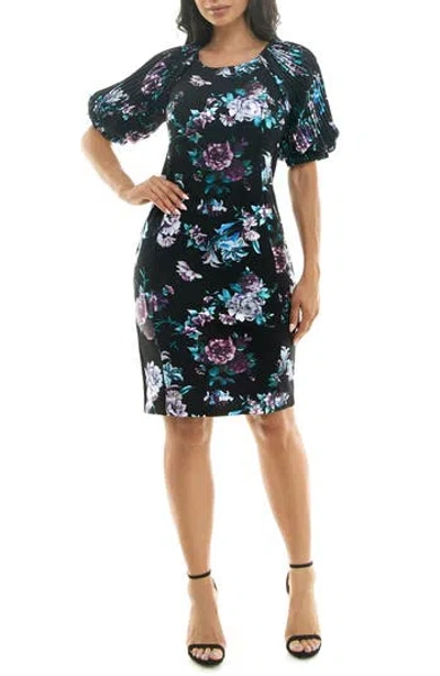 Nina Leonard Floral Puff Sleeve Dress In Black/lavender Multi