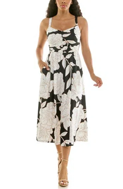 Nina Leonard Floral Shirred Bodice Midi Dress In Multi