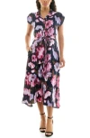 Nina Leonard Floral Short Sleeve Shirtdress In Blue