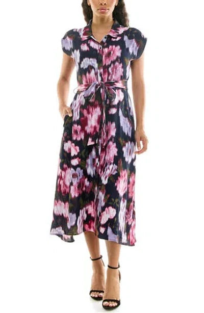 Nina Leonard Floral Short Sleeve Shirtdress In Blue