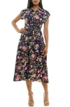 Nina Leonard Floral Short Sleeve Shirtdress In Navy/dragon Fruit Multi